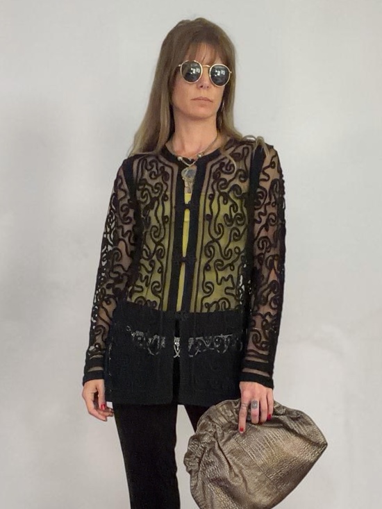 Vintage Jackets & Blazers - Vintage Black Sheer Lace Ribbon Jacket - Medium
